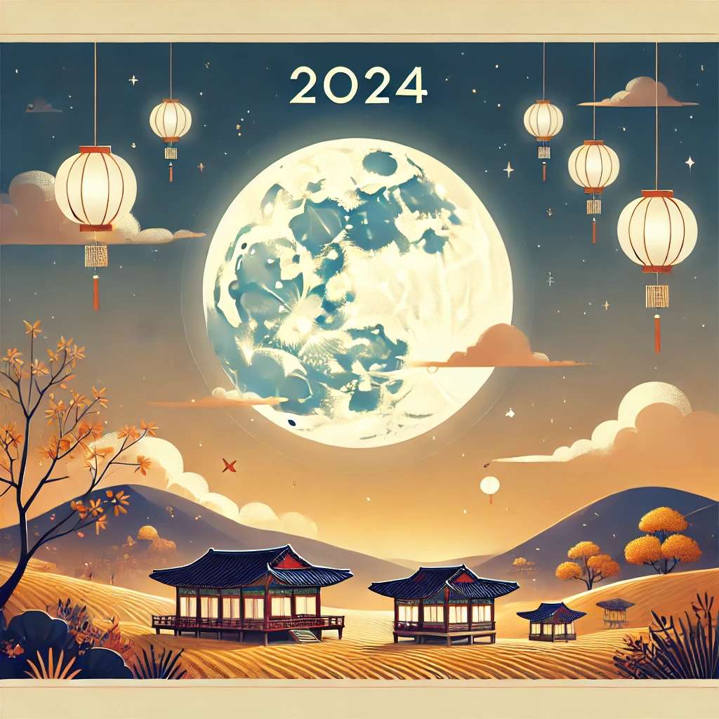 DALL·E 2024-09-12 21.48.51 - A beautiful 2024 Chuseok greeting card design, featuring a large, bright full moon in a seren.webp.jpg